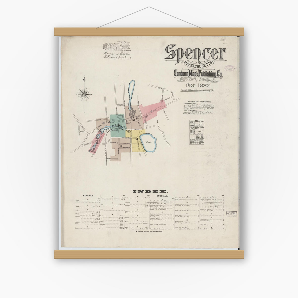 Old map wall art mockup — magnetic wood frame on white wall — Sanborn Fire Insurance Map from Spencer, Worcester County, Massachusetts (1887) - Complete Map Set