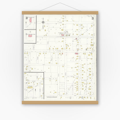 Old map wall art mockup — magnetic wood frame on white wall — Sanborn Fire Insurance Map from Rising Star, Eastland County, Texas (1933), Sheet #0003
