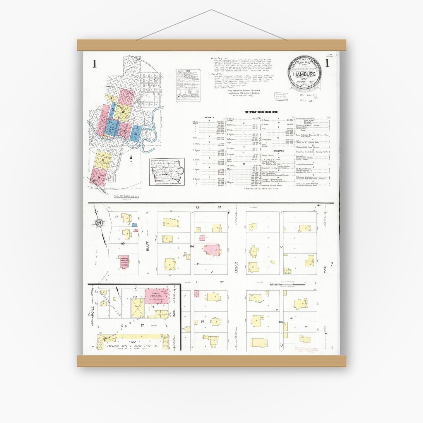Old map wall art mockup — magnetic wood frame on white wall — Sanborn Fire Insurance Map from Hamburg, Fremont County, Iowa (1930) â€” Complete Set