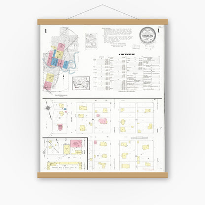 Old map wall art mockup — magnetic wood frame on white wall — Sanborn Fire Insurance Map from Hamburg, Fremont County, Iowa (1930) â€” Complete Set