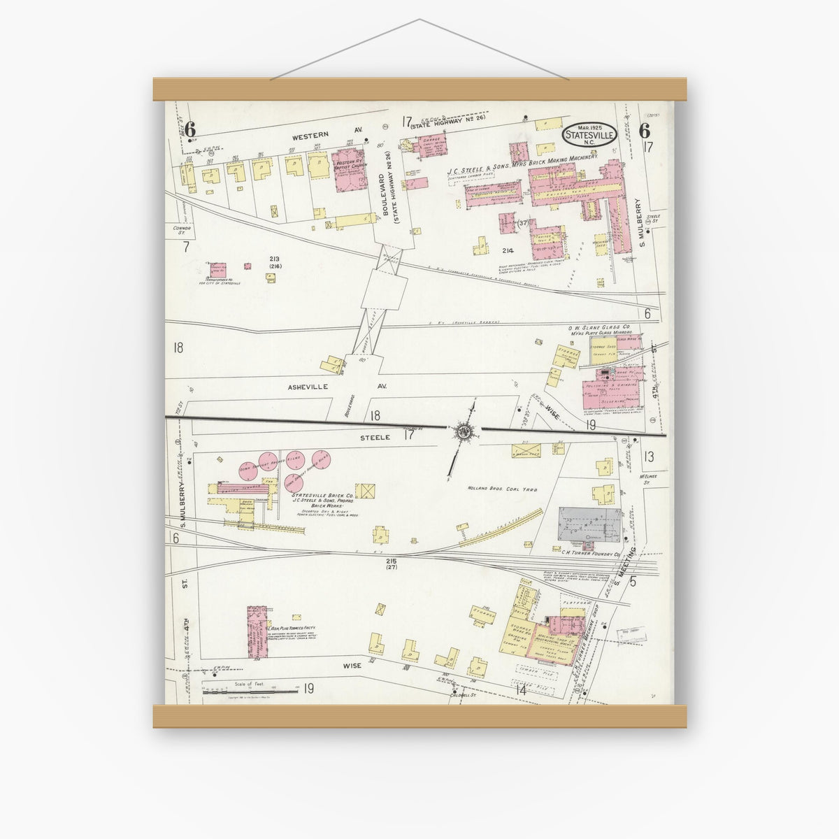 Old map wall art mockup — magnetic wood frame on white wall — Sanborn Fire Insurance Map from Statesville, Iredell County, North Carolina (1925), Sheet #0006