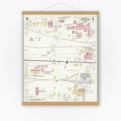 Old map wall art mockup — magnetic wood frame on white wall — Sanborn Fire Insurance Map from Statesville, Iredell County, North Carolina (1925), Sheet #0006