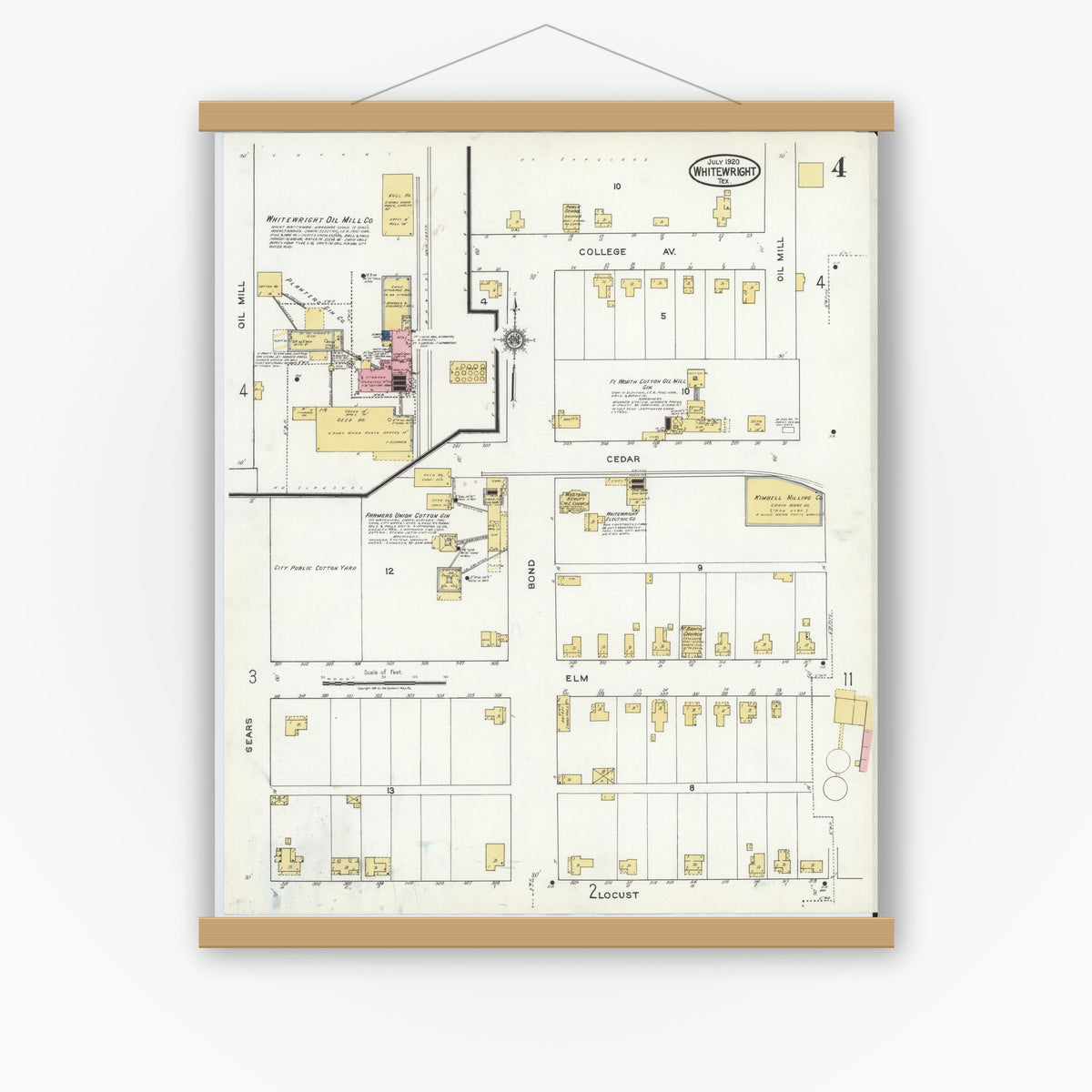 Old map wall art mockup — magnetic wood frame on white wall — Sanborn Fire Insurance Map from Whitewright, Grayson County, Texas (1920), Sheet #0004