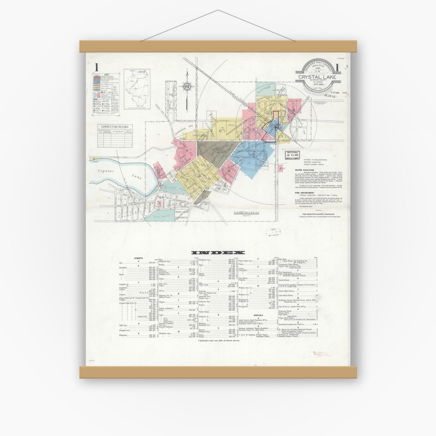Old map wall art mockup — magnetic wood frame on white wall — Sanborn Fire Insurance Map from Crystal Lake, McHenry County, Illinois (1936), Sheet #0001