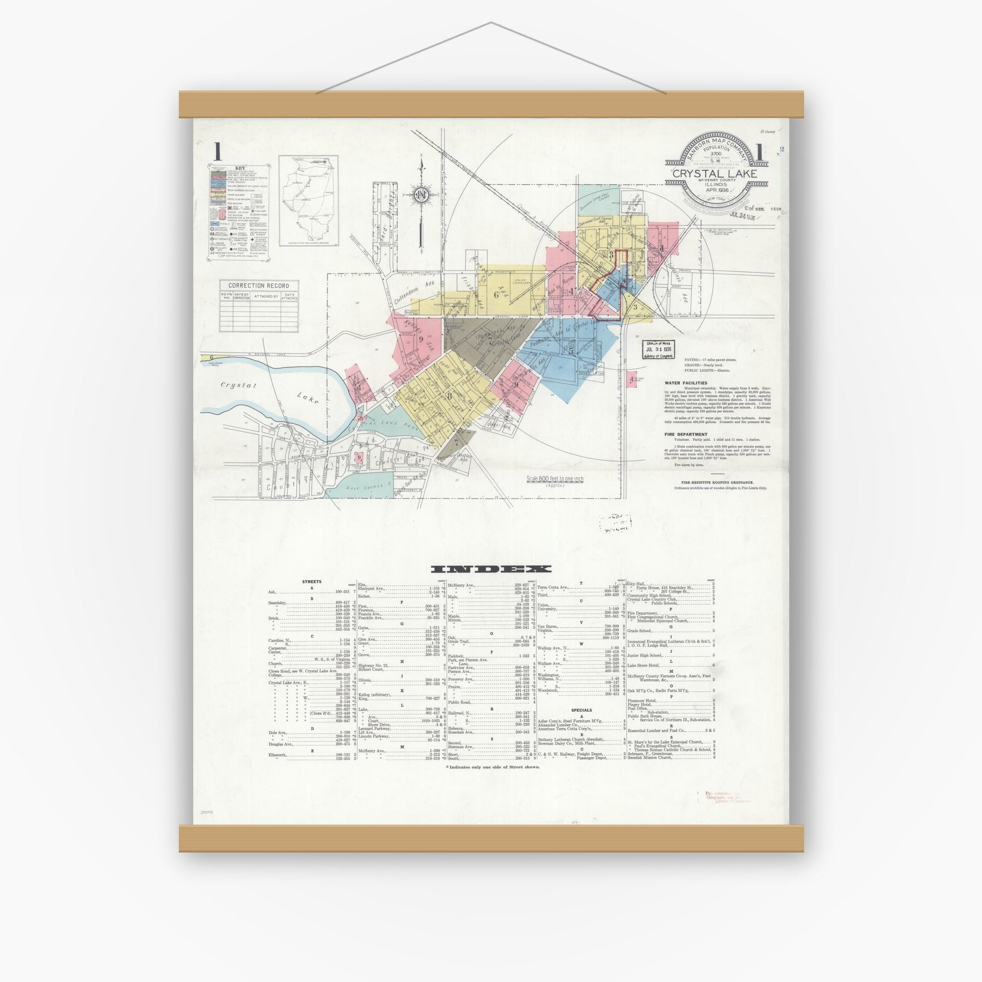 Old map wall art mockup — magnetic wood frame on white wall — Sanborn Fire Insurance Map from Crystal Lake, McHenry County, Illinois (1936), Sheet #0001