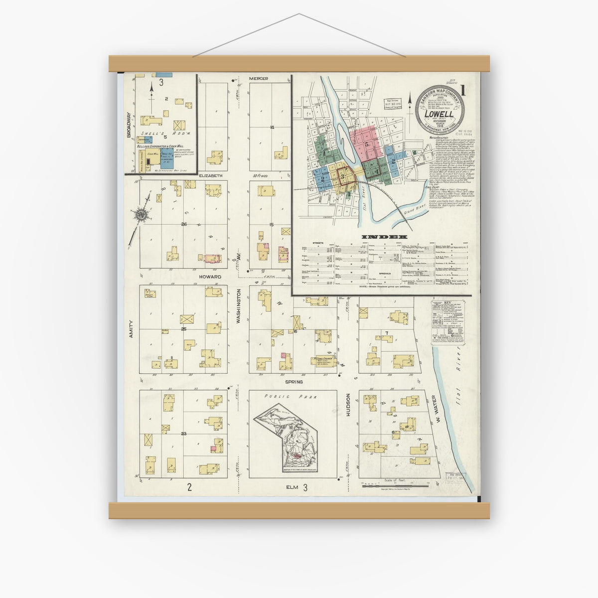 Old map wall art mockup — magnetic wood frame on white wall — Sanborn Fire Insurance Map from Lowell, Kent County, Michigan (1918), Sheet #0001