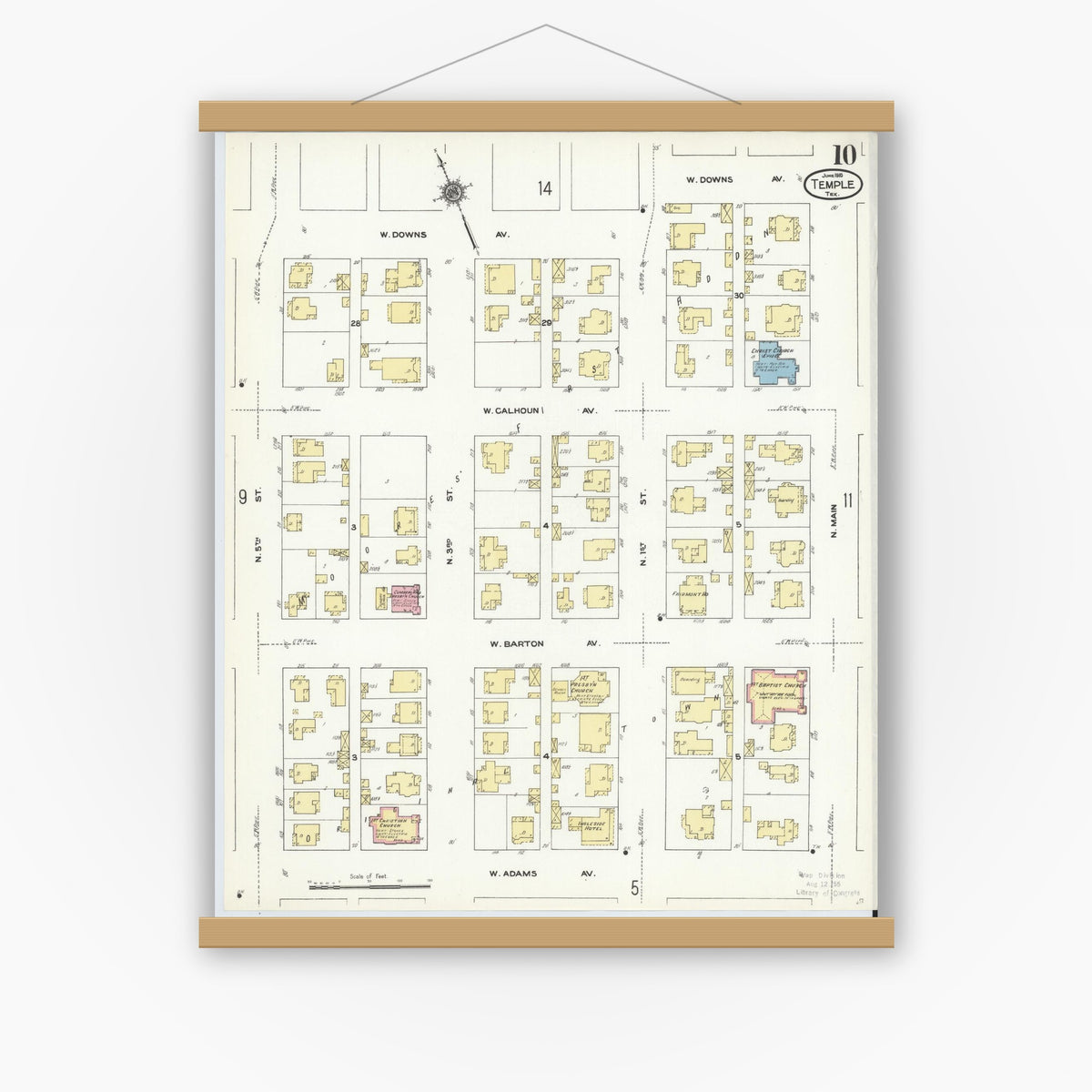 Old map wall art mockup — magnetic wood frame on white wall — Sanborn Fire Insurance Map from Temple, Bell County, Texas (1910), Sheet #0010