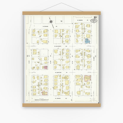 Old map wall art mockup — magnetic wood frame on white wall — Sanborn Fire Insurance Map from Temple, Bell County, Texas (1910), Sheet #0010