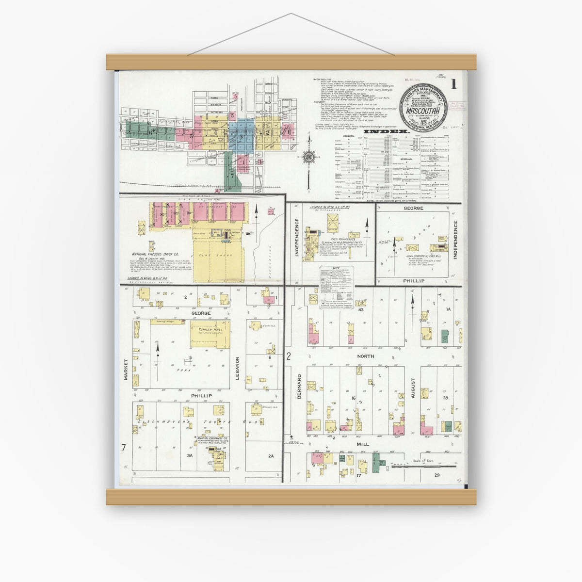 Old map wall art mockup — magnetic wood frame on white wall — Sanborn Fire Insurance Map from Mascoutah, Saint Clair County, Illinois (1910) - Complete Map Set