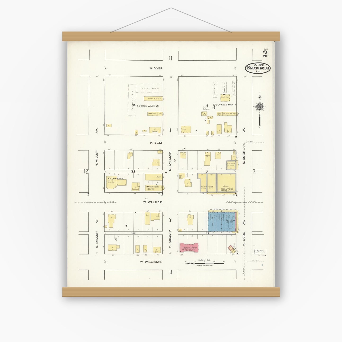 Old map wall art mockup — magnetic wood frame on white wall — Sanborn Fire Insurance Map from Breckenridge, Stephens County, Texas (1921), Sheet #0002