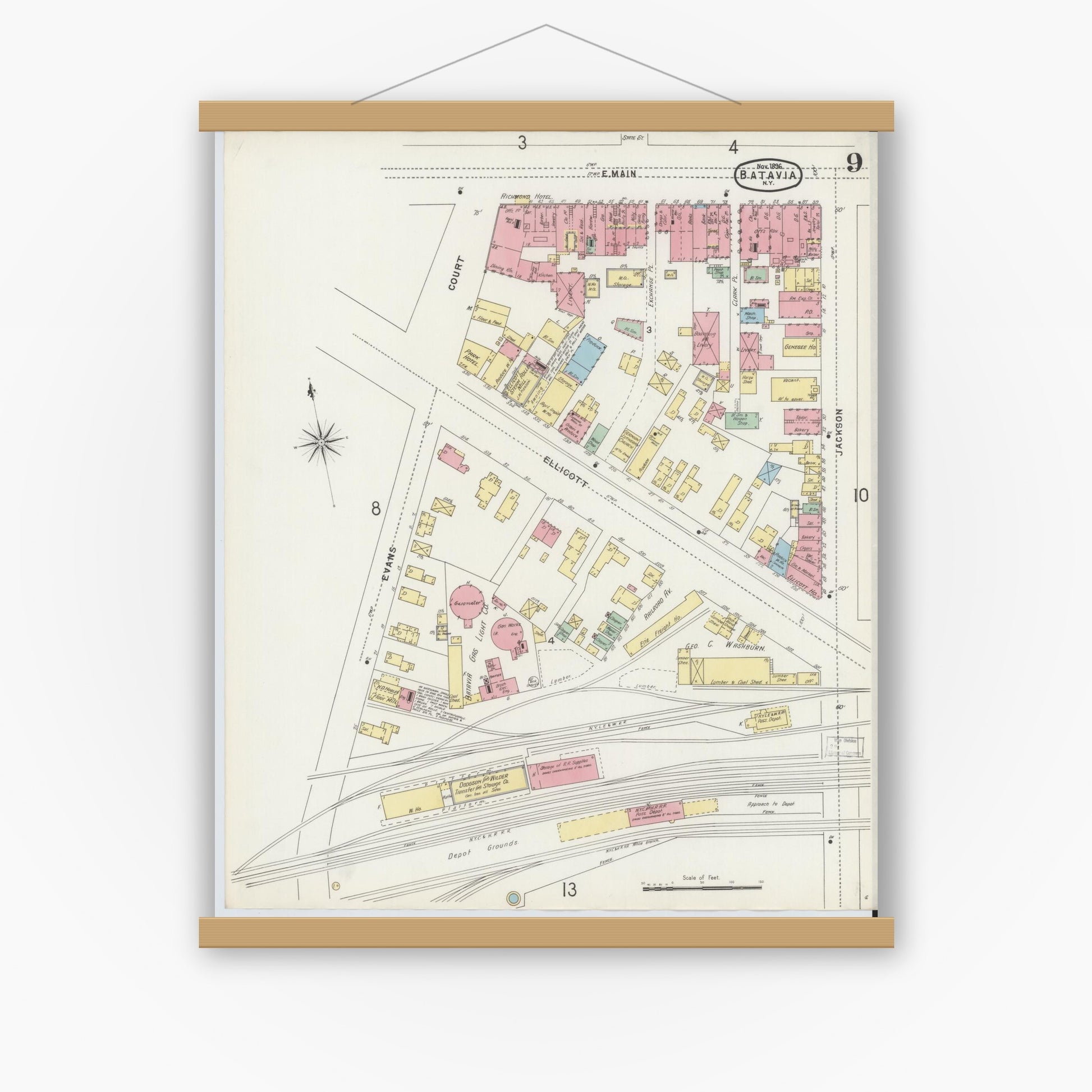 Old map wall art mockup — magnetic wood frame on white wall — Sanborn Fire Insurance Map from Batavia, Genesee County, New York (1896), Sheet #0009