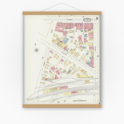 Old map wall art mockup — magnetic wood frame on white wall — Sanborn Fire Insurance Map from Batavia, Genesee County, New York (1896), Sheet #0009