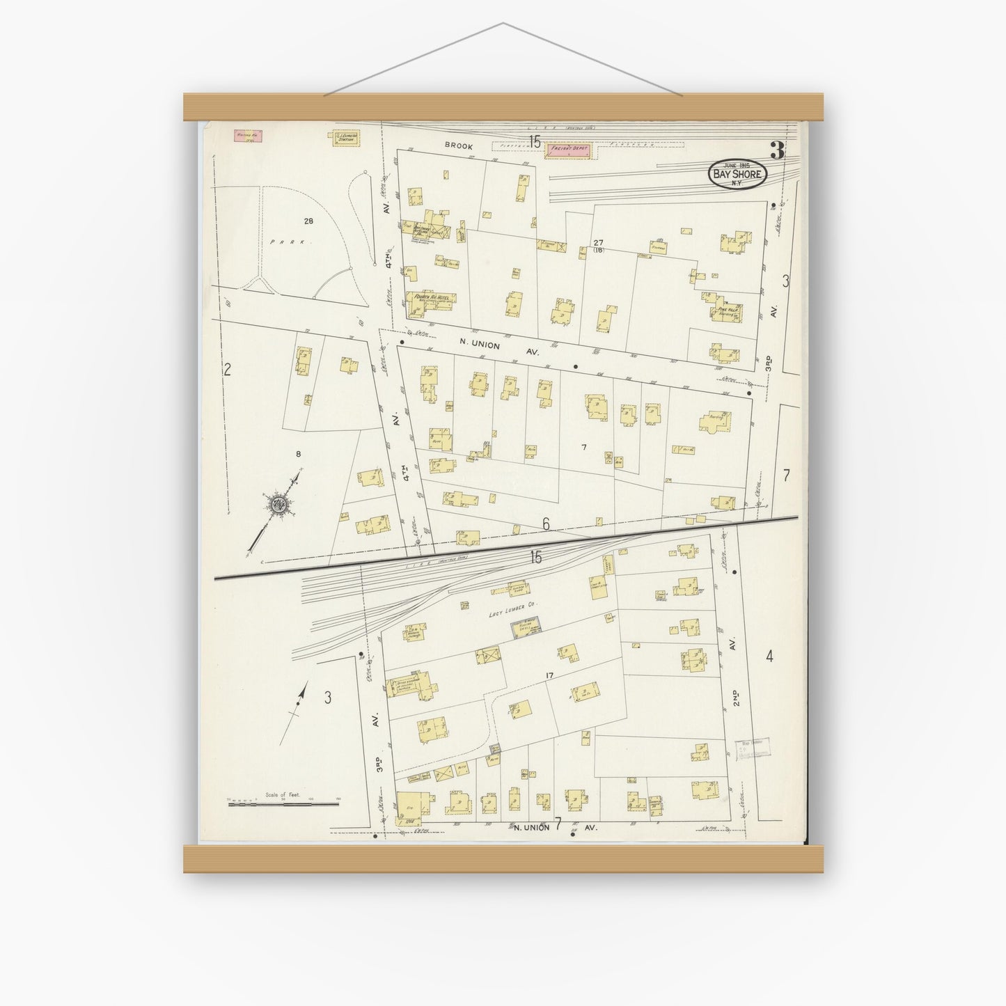 Old map wall art mockup — magnetic wood frame on white wall — Sanborn Fire Insurance Map from Bay Shore, Suffolk County, New York (1915), Sheet #0003