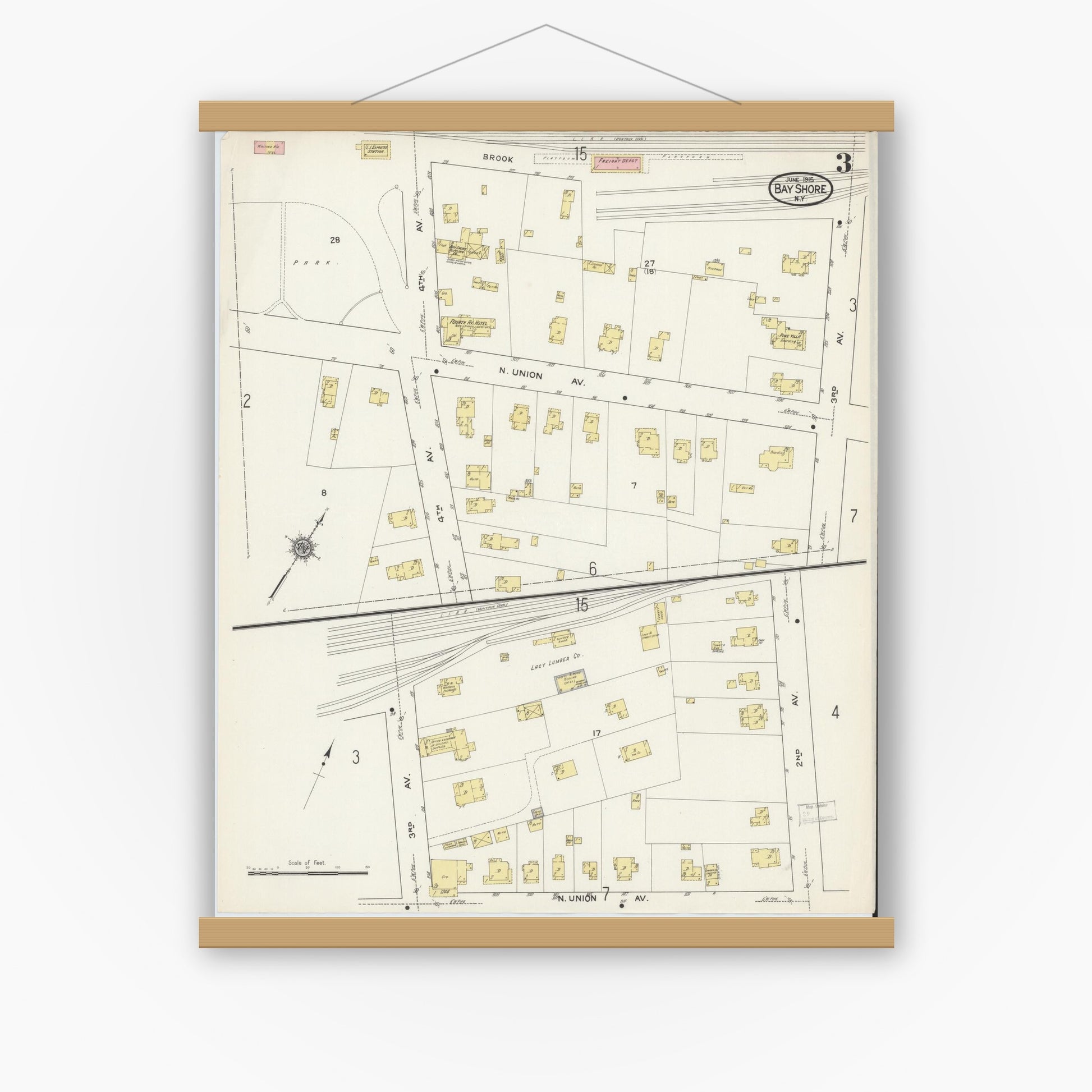 Old map wall art mockup — magnetic wood frame on white wall — Sanborn Fire Insurance Map from Bay Shore, Suffolk County, New York (1915), Sheet #0003