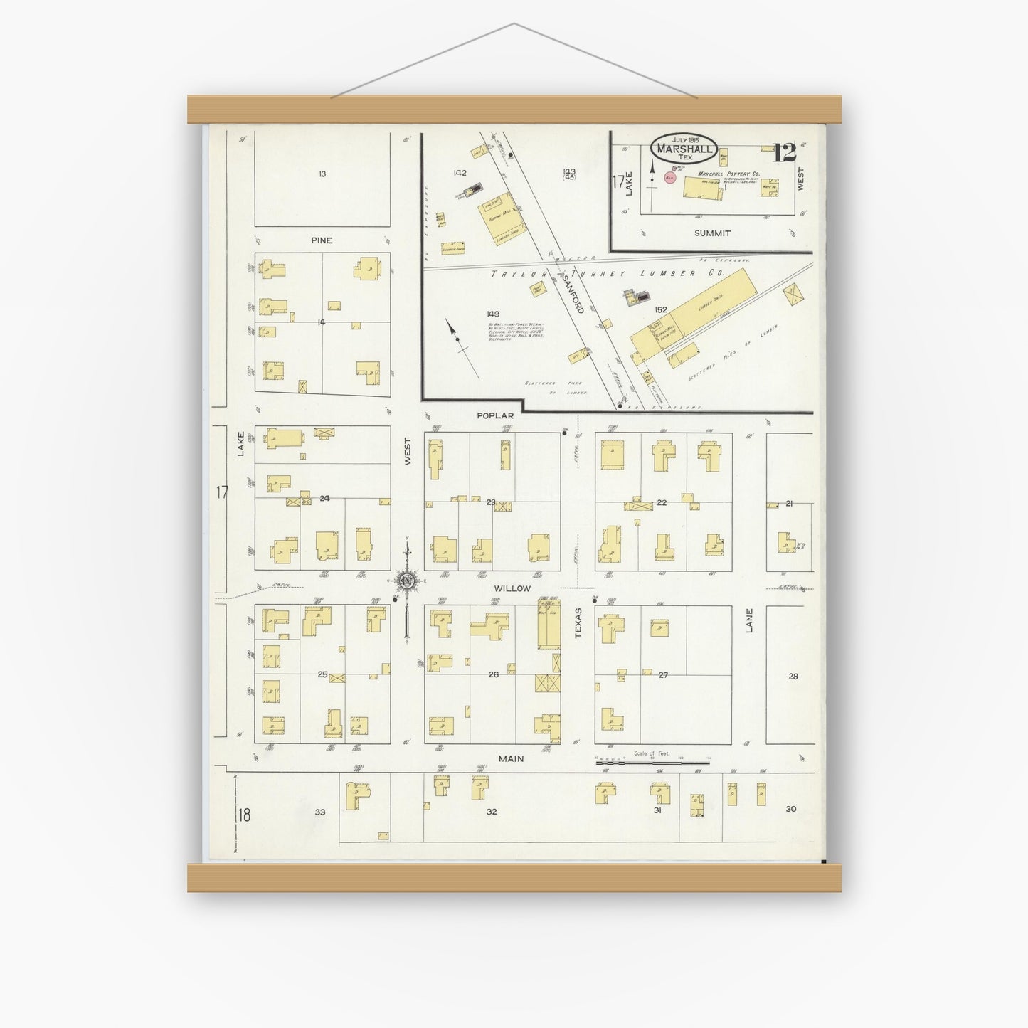 Old map wall art mockup — magnetic wood frame on white wall — Sanborn Fire Insurance Map from Marshall, Harrison County, Texas (1915), Sheet #0012