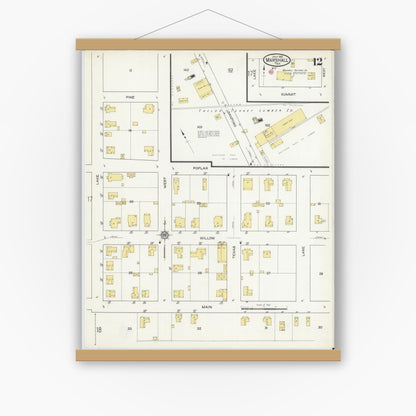 Old map wall art mockup — magnetic wood frame on white wall — Sanborn Fire Insurance Map from Marshall, Harrison County, Texas (1915), Sheet #0012