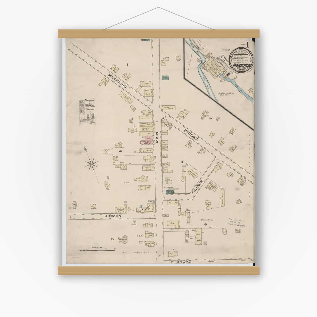 Old map wall art mockup — magnetic wood frame on white wall — Sanborn Fire Insurance Map from Monroeton, Bradford County, Pennsylvania (1885) - Complete Map Set