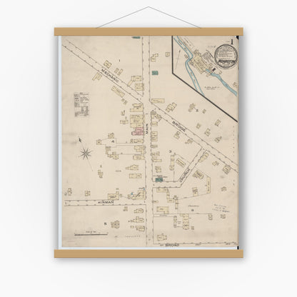 Old map wall art mockup — magnetic wood frame on white wall — Sanborn Fire Insurance Map from Monroeton, Bradford County, Pennsylvania (1885) - Complete Map Set