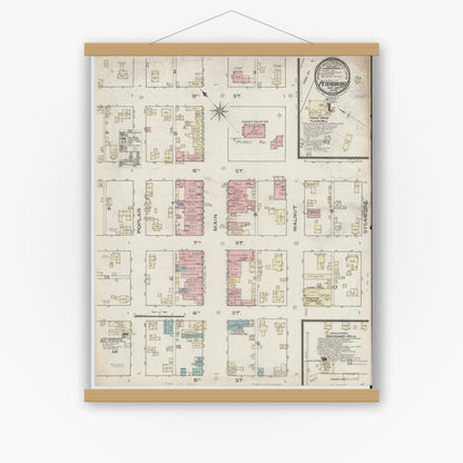 Old map wall art mockup — magnetic wood frame on white wall — Sanborn Fire Insurance Map from Petersburg, Pike County, Indiana (1886), Sheet #0001