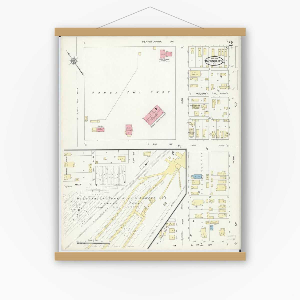 Old map wall art mockup — magnetic wood frame on white wall — Sanborn Fire Insurance Map from Mound City, Pulaski County, Illinois (1914), Sheet #0002