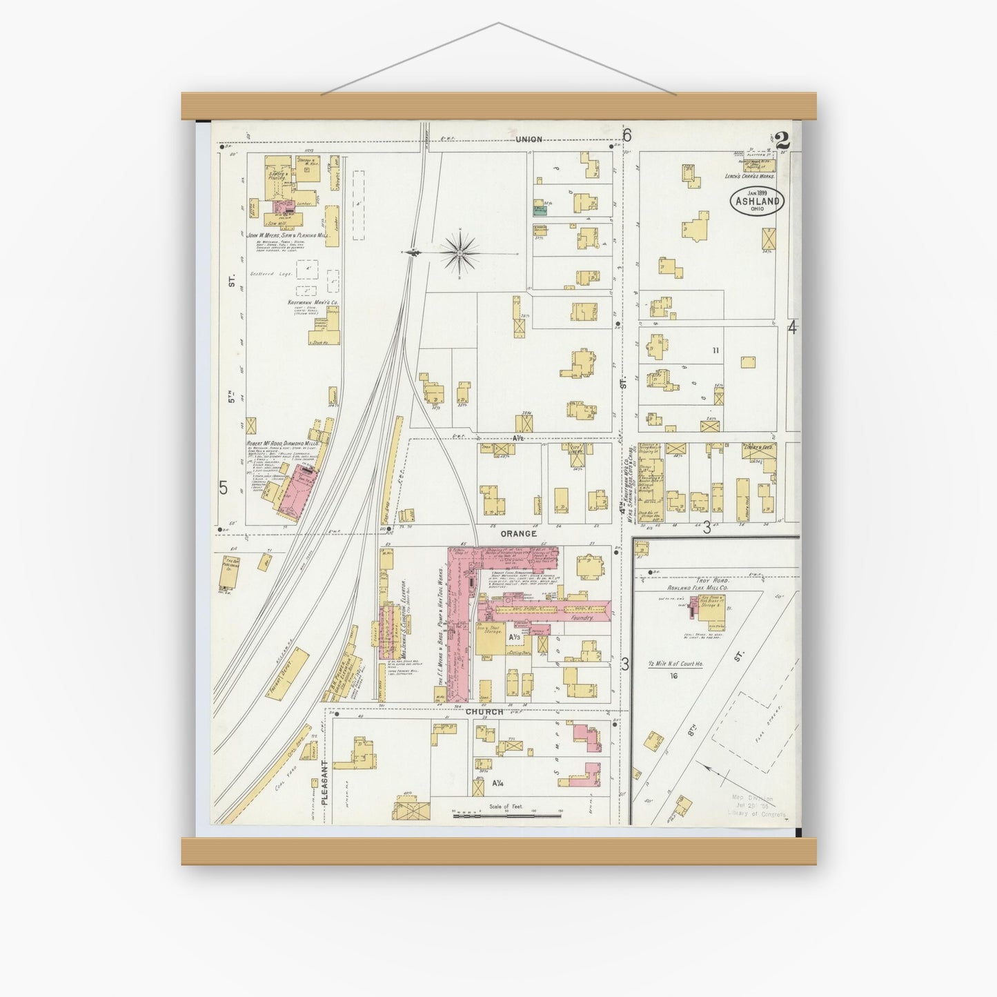 Old map wall art mockup — magnetic wood frame on white wall — Sanborn Fire Insurance Map from Ashland, Ashland County, Ohio (1899), Sheet #0002