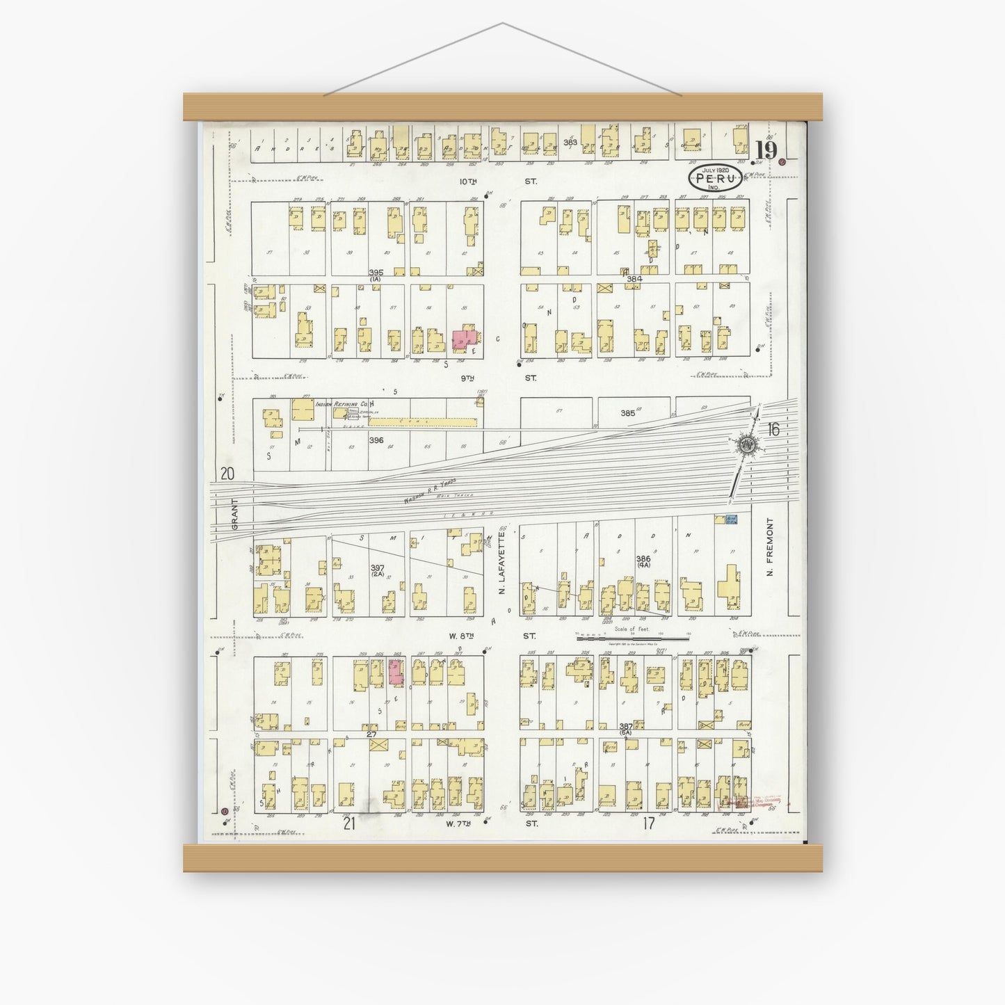 Old map wall art mockup — magnetic wood frame on white wall — Sanborn Fire Insurance Map from Peru, Miami County, Indiana (1920), Sheet #0019