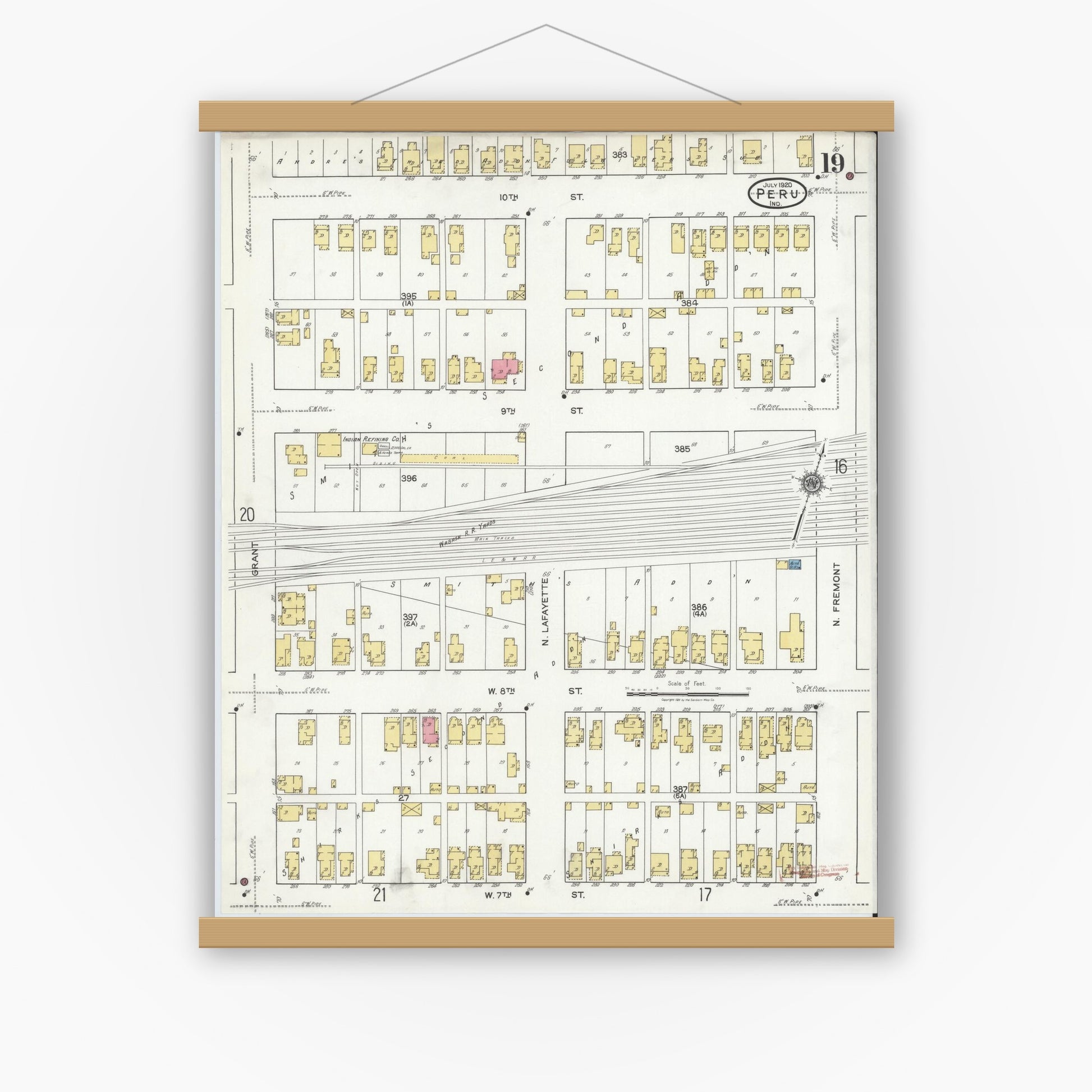 Old map wall art mockup — magnetic wood frame on white wall — Sanborn Fire Insurance Map from Peru, Miami County, Indiana (1920), Sheet #0019