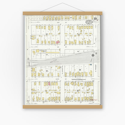 Old map wall art mockup — magnetic wood frame on white wall — Sanborn Fire Insurance Map from Peru, Miami County, Indiana (1920), Sheet #0019