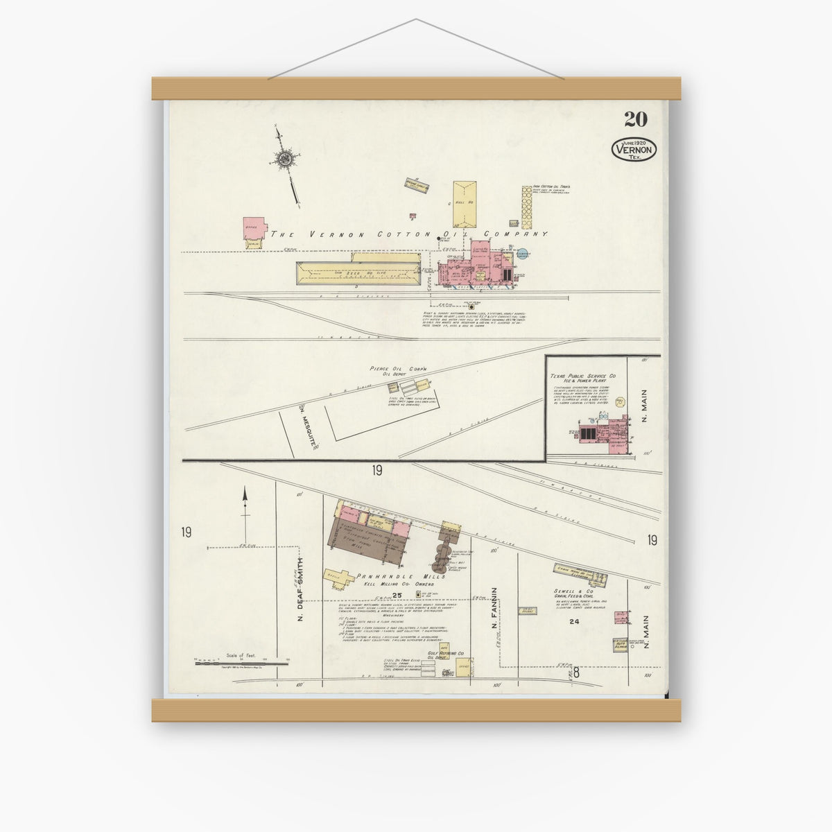 Old map wall art mockup — magnetic wood frame on white wall — Sanborn Fire Insurance Map from Vernon, Wilbarger County, Texas (1920), Sheet #0020