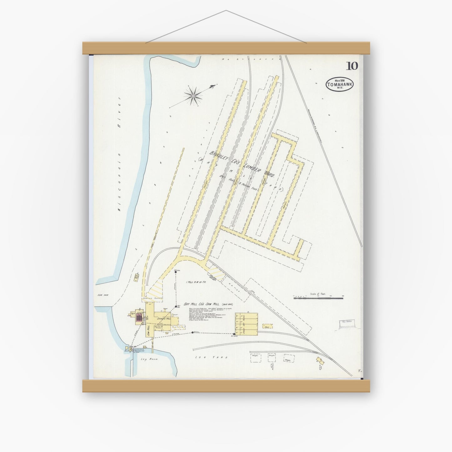 Old map wall art mockup — magnetic wood frame on white wall — Sanborn Fire Insurance Map from Tomahawk, Lincoln County, Wisconsin (1898), Sheet #0010