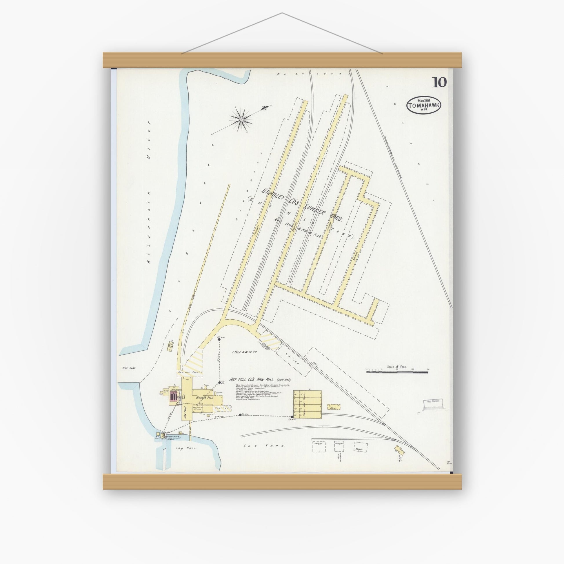 Old map wall art mockup — magnetic wood frame on white wall — Sanborn Fire Insurance Map from Tomahawk, Lincoln County, Wisconsin (1898), Sheet #0010