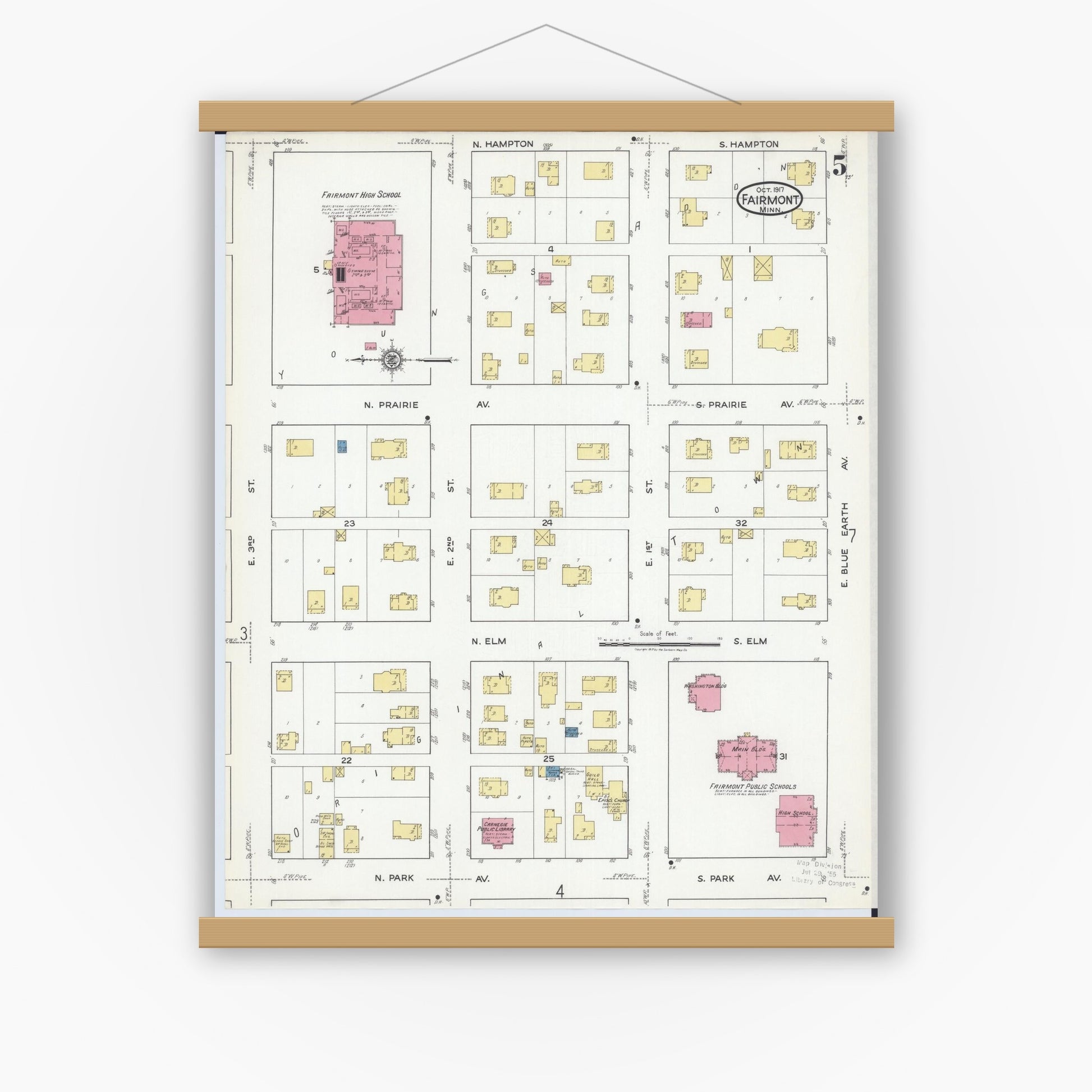 Old map wall art mockup — magnetic wood frame on white wall — Sanborn Fire Insurance Map from Fairmont, Martin County, Minnesota (1917), Sheet #0005