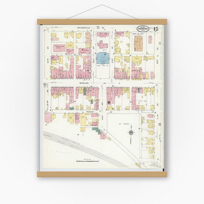 Old map wall art mockup — magnetic wood frame on white wall — Sanborn Fire Insurance Map from Cambridge, Guernsey County, Ohio (1909), Sheet #0017