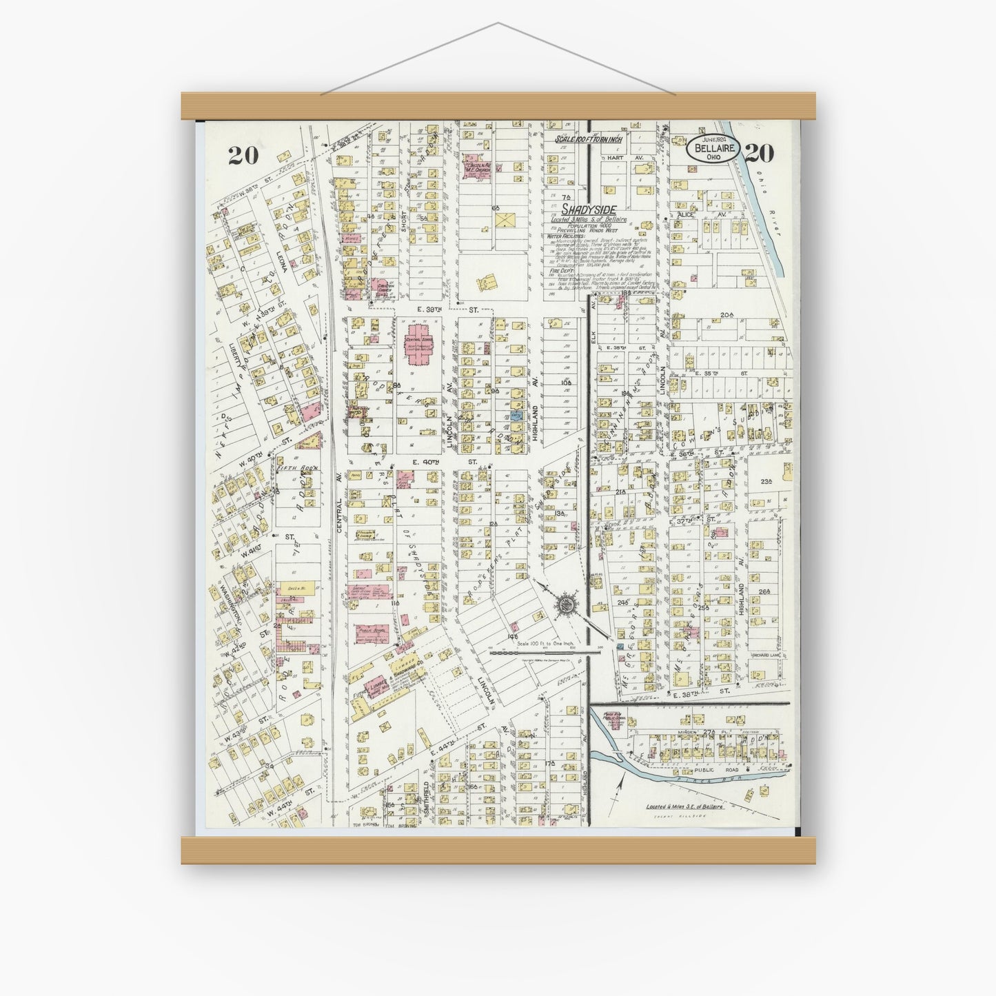 Old map wall art mockup — magnetic wood frame on white wall — Sanborn Fire Insurance Map from Bellaire, Belmont County, Ohio (1924), Sheet #0020
