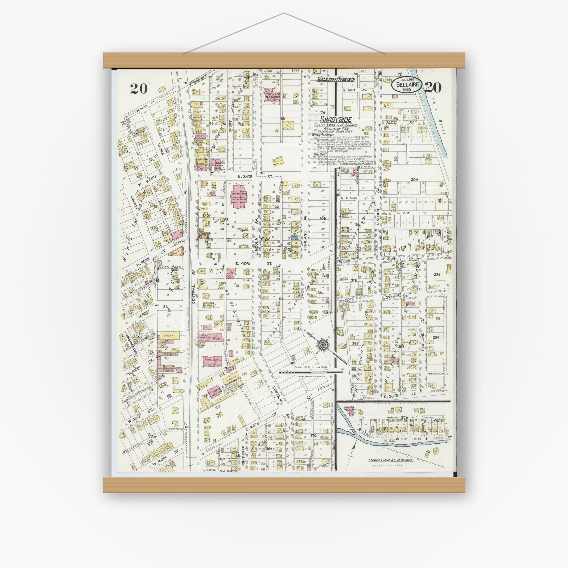 Old map wall art mockup — magnetic wood frame on white wall — Sanborn Fire Insurance Map from Bellaire, Belmont County, Ohio (1924), Sheet #0020