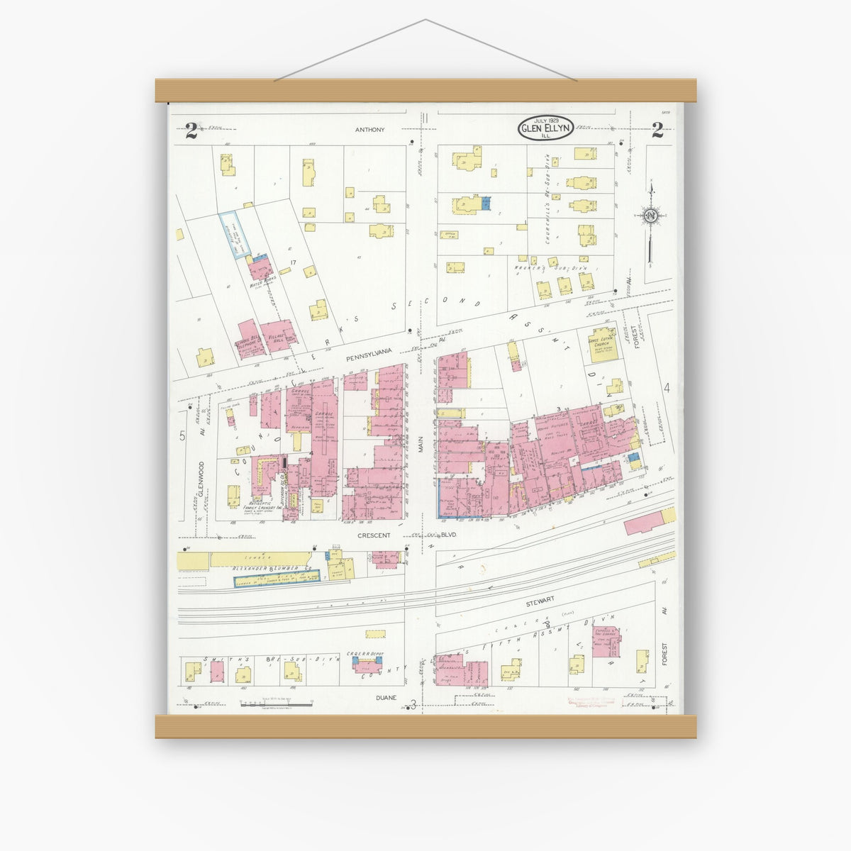 Old map wall art mockup — magnetic wood frame on white wall — Sanborn Fire Insurance Map from Glen Ellyn, Du Page County, Illinois (1929), Sheet #0002