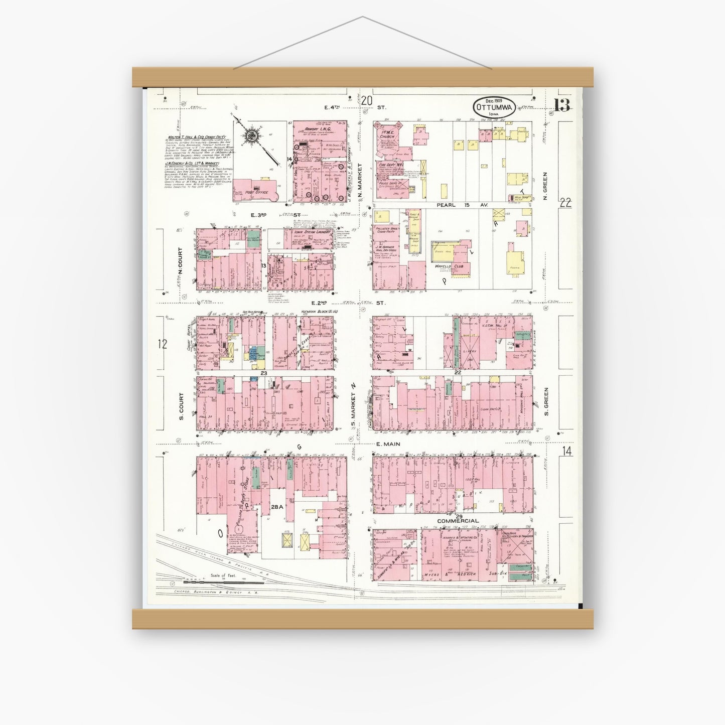 Old map wall art mockup — magnetic wood frame on white wall — Sanborn Fire Insurance Map from Ottumwa, Wapello County, Iowa (1909), Sheet #0013