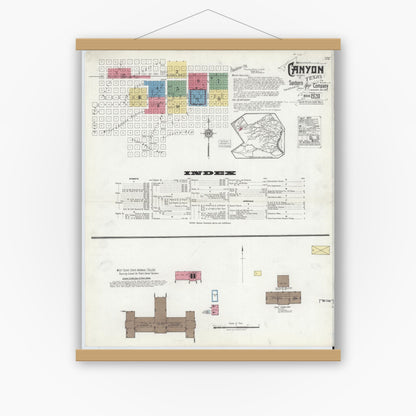 Old map wall art mockup — magnetic wood frame on white wall — Sanborn Fire Insurance Map from Canyon, Randall County, Texas (1920), Sheet #0001