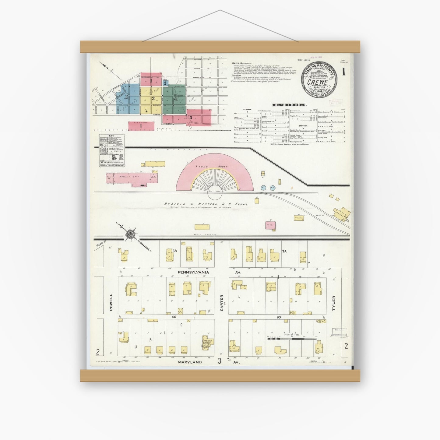 Old map wall art mockup — magnetic wood frame on white wall — Sanborn Fire Insurance Map from Crewe, Nottoway County, Virginia (1909), Sheet #0001