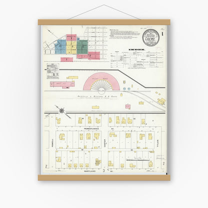 Old map wall art mockup — magnetic wood frame on white wall — Sanborn Fire Insurance Map from Crewe, Nottoway County, Virginia (1909), Sheet #0001