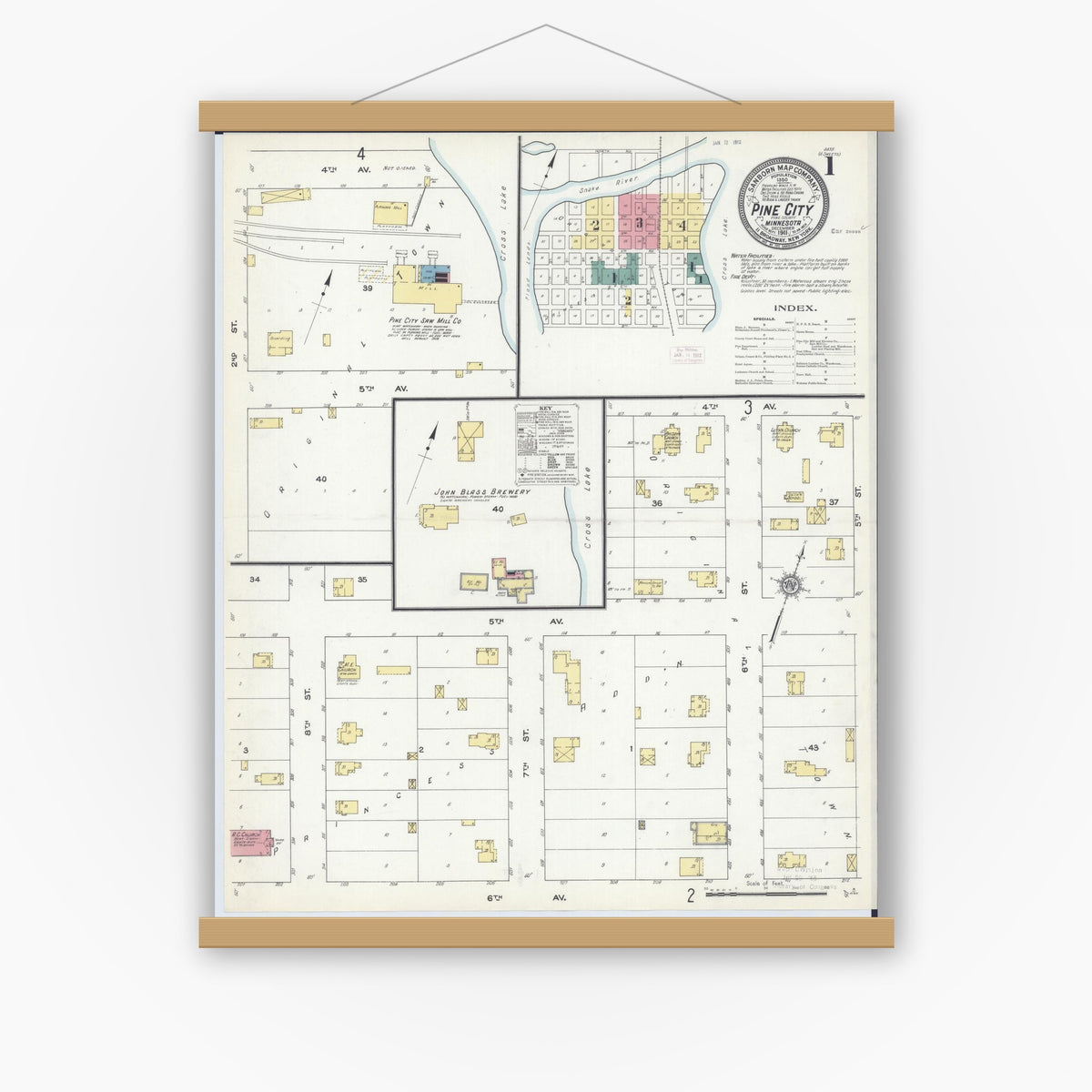 Old map wall art mockup — magnetic wood frame on white wall — Sanborn Fire Insurance Map from Pine City, Pine County, Minnesota (1911) - Complete Map Set