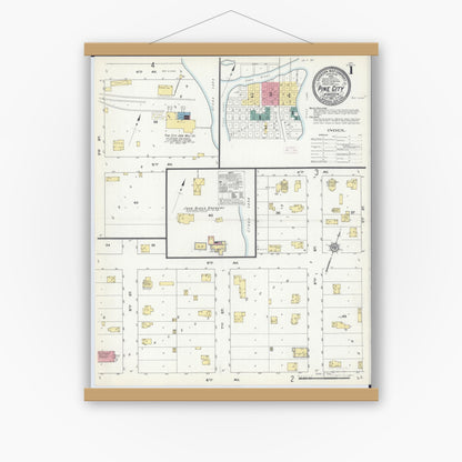 Old map wall art mockup — magnetic wood frame on white wall — Sanborn Fire Insurance Map from Pine City, Pine County, Minnesota (1911) - Complete Map Set