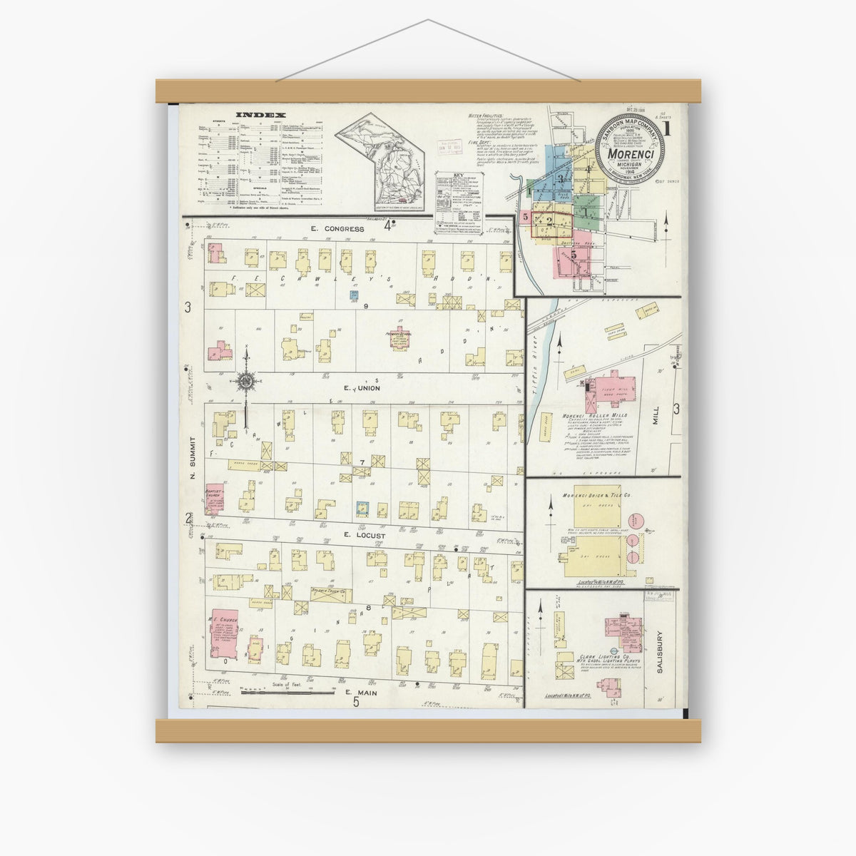 Old map wall art mockup — magnetic wood frame on white wall — Sanborn Fire Insurance Map from Morenci, Lenawee County, Michigan (1914), Sheet #0001