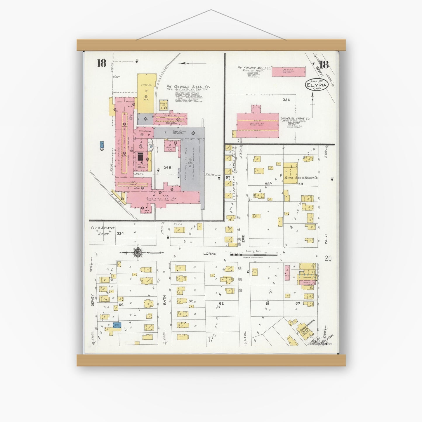 Old map wall art mockup — magnetic wood frame on white wall — Sanborn Fire Insurance Map from Elyria, Lorain County, Ohio (1925), Sheet #0018
