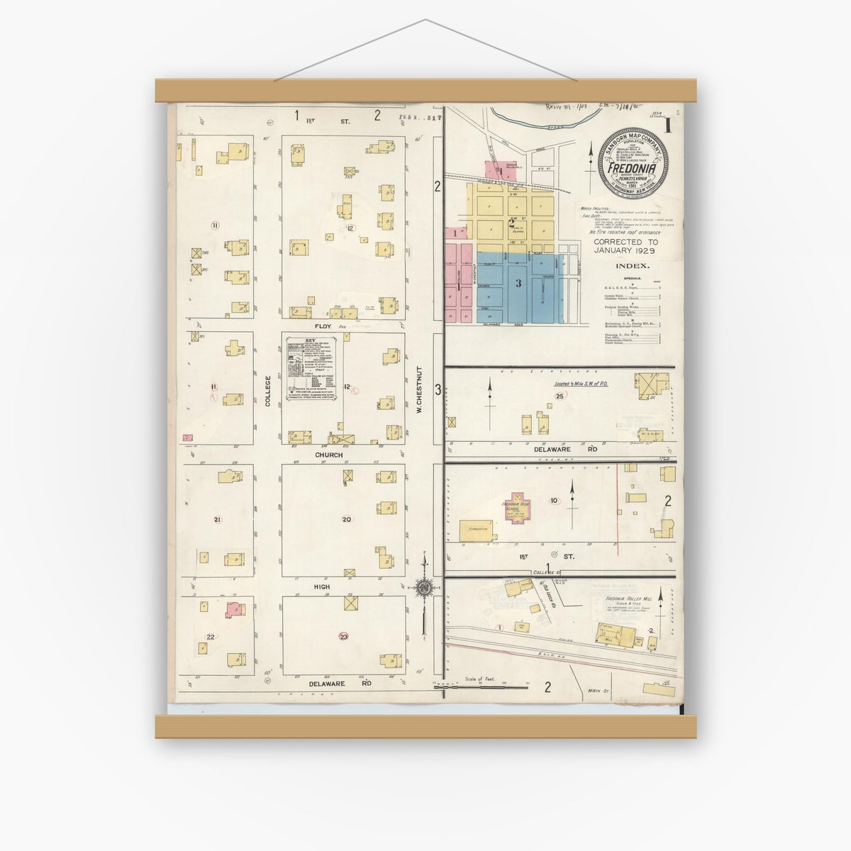 Old map wall art mockup — magnetic wood frame on white wall — Sanborn Fire Insurance Map from Fredonia, Mercer County, Pennsylvania (1929) - Complete Map Set