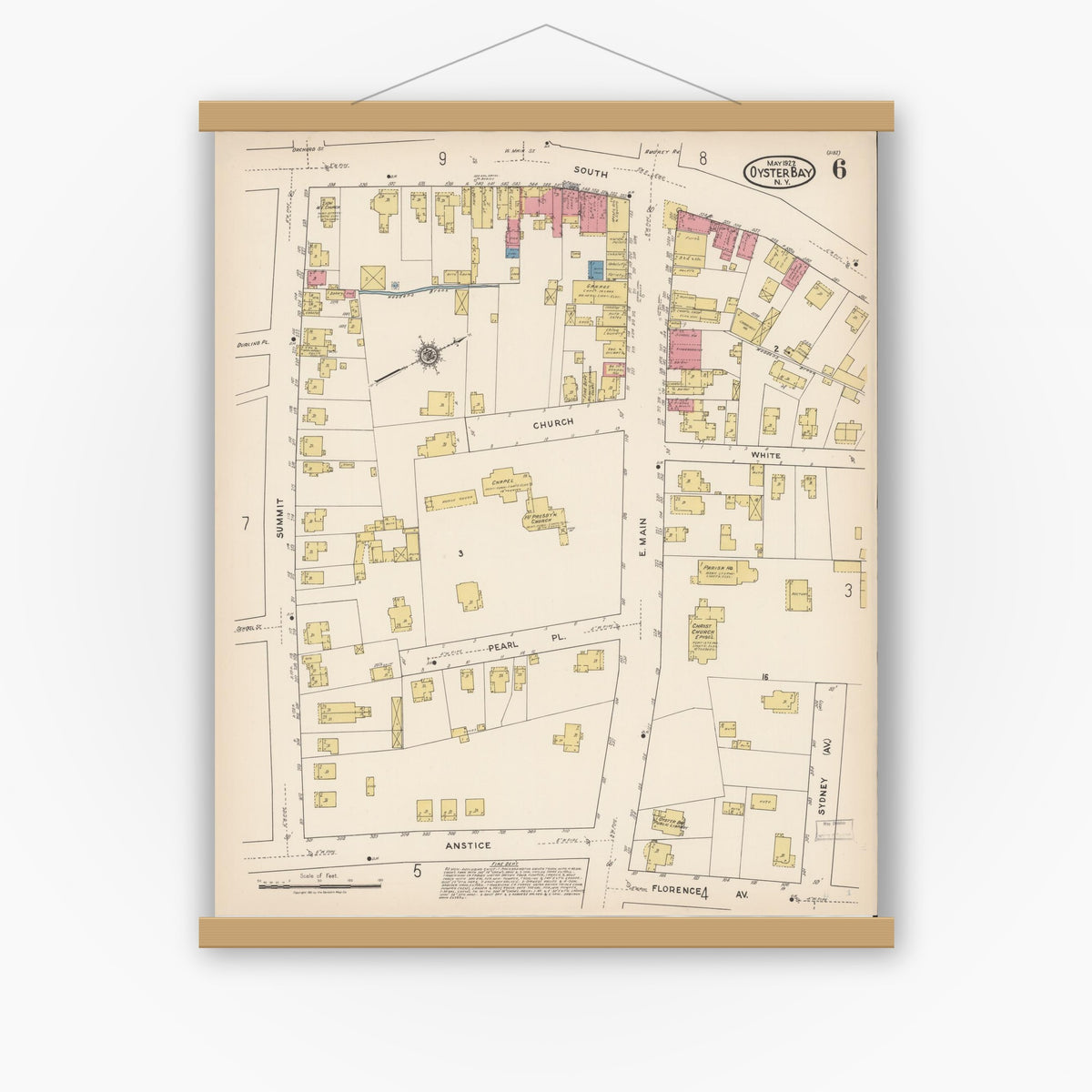 Old map wall art mockup — magnetic wood frame on white wall — Sanborn Fire Insurance Map from Oyster Bay, Nassau County, New York (1922), Sheet #0006