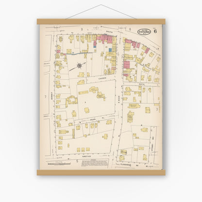 Old map wall art mockup — magnetic wood frame on white wall — Sanborn Fire Insurance Map from Oyster Bay, Nassau County, New York (1922), Sheet #0006