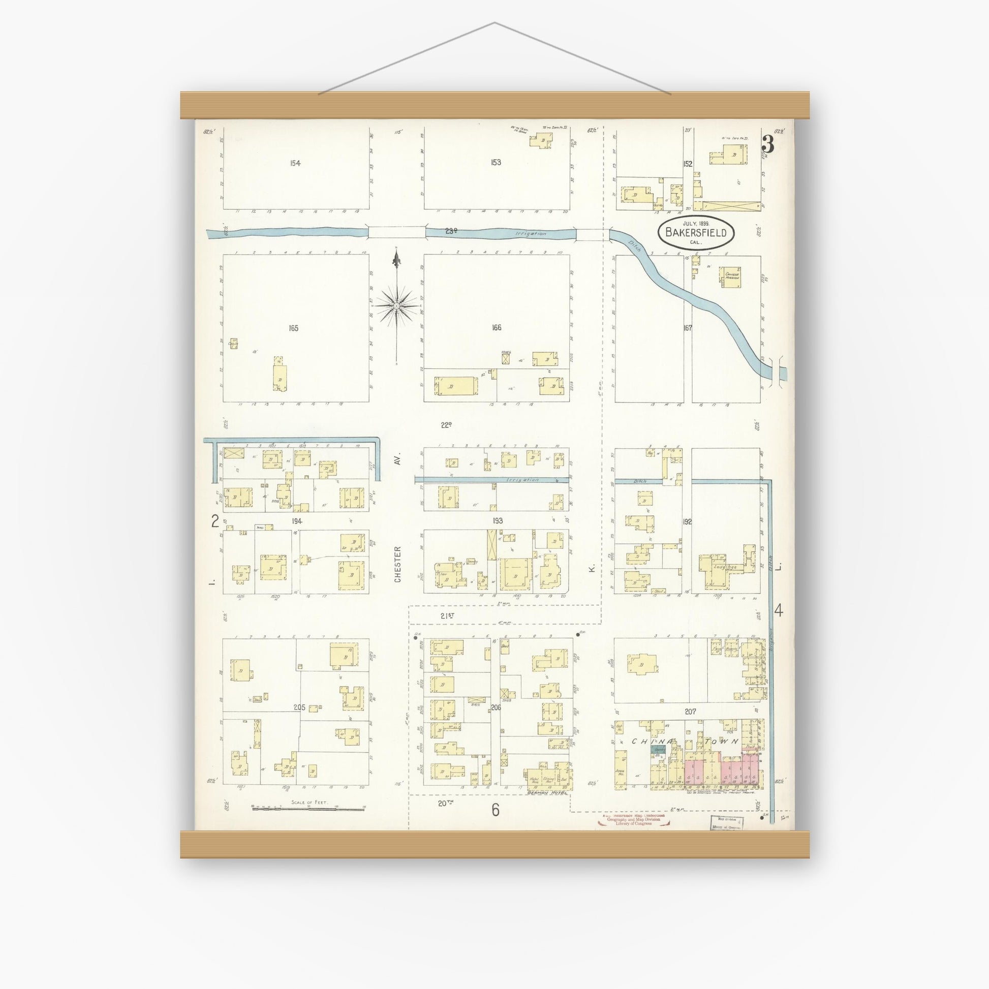 Old map wall art mockup — magnetic wood frame on white wall — Sanborn Fire Insurance Map from Bakersfield, Kern County, California (1899), Sheet #0003