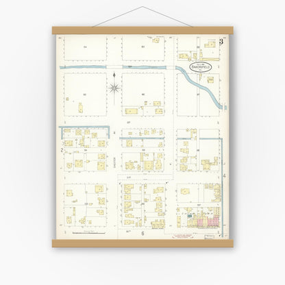 Old map wall art mockup — magnetic wood frame on white wall — Sanborn Fire Insurance Map from Bakersfield, Kern County, California (1899), Sheet #0003