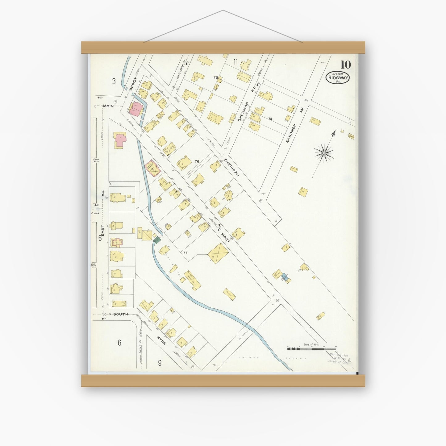 Old map wall art mockup — magnetic wood frame on white wall — Sanborn Fire Insurance Map from Ridgway, Elk County, Pennsylvania (1909), Sheet #0010
